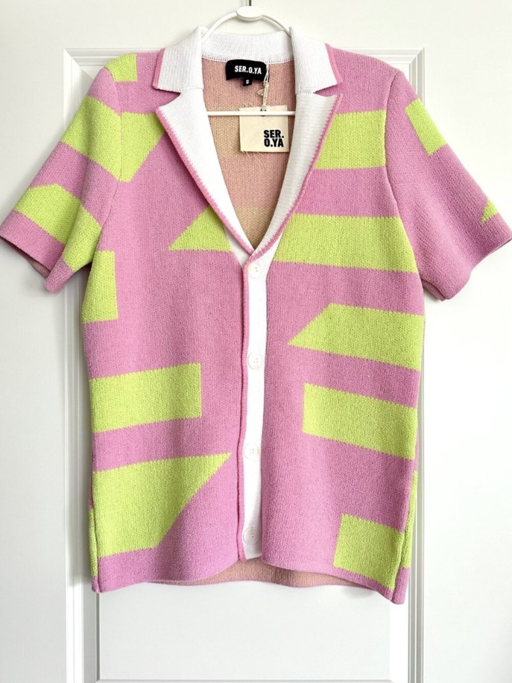 NWT SER.O.YA Knit Colorblock Short Sleeve Button Front Shirt Size S